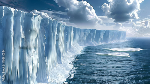 A long ice wall meets the ocean under a cloudy sky with some ice floes in the water near the coast