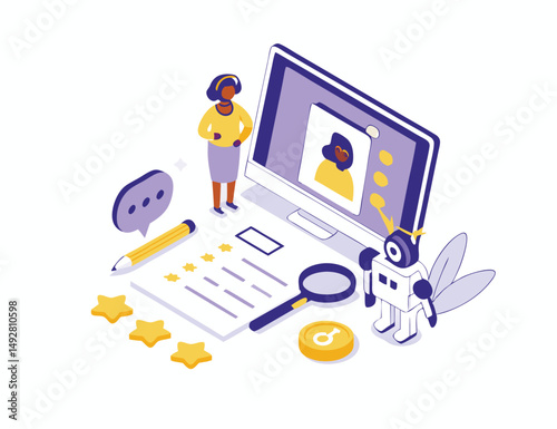 
Hiring and human recourses concept. Character use artificial intelligence technology for business recruitment process, job searching, interview. Flat