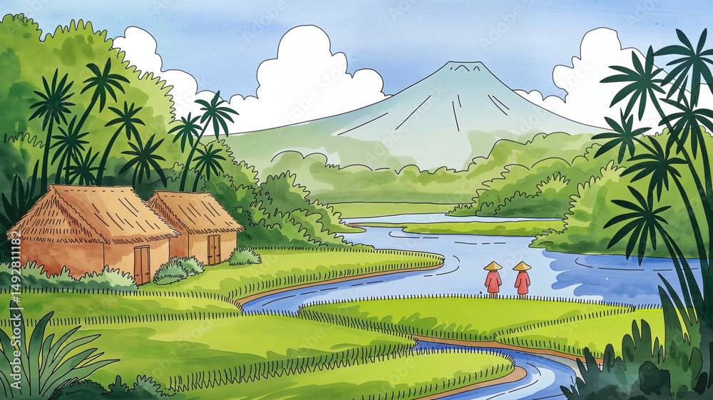 Obraz premium Illustrated Tropical Landscape with Figures Serene ai generated images ai generative watercolor illustration