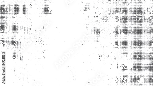 Black dot halftone grunge background with white overlay. Abstract vector dotted texture design. Rough halftone effect in classic colors.