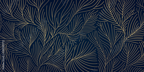 Vector art deco line golden leaves background. Fancy luxury exotic foliage print, nature jungle elegant graphic, nouveau ornate pattern.