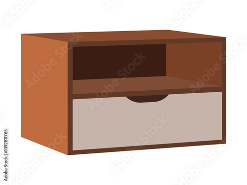 Wooden storage unit with one drawer and open shelf isolated on white background