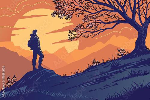 51 A lone figure silhouetted against a vibrant sunset sky, standing atop a hill overlooking a mountainous landscape, cinematic, dramatic lighting, awe-inspiring, breathtaking, mystical, deep orange an