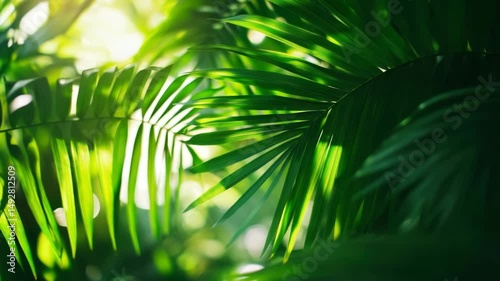 Lush green palm leaves bathed in sunlight create a vibrant and natural scene. The intricate patterns and textures of the leaves, along with the play of light and shadow.