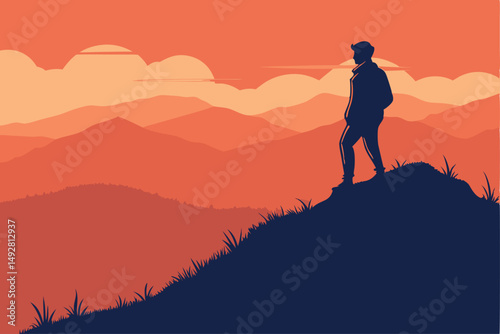 51 A lone figure silhouetted against a vibrant sunset sky, standing atop a hill overlooking a mountainous landscape, cinematic, dramatic lighting, awe-inspiring, breathtaking, mystical, deep orange an