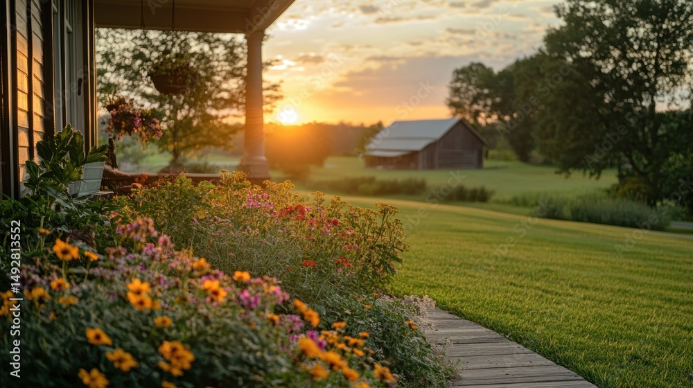 Obraz premium Sunset Serenity: A Rustic Farmhouse Porch