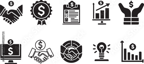 Business marketing icon set. Containing agreement, donation, handshake, partnership, money, social media, megaphone, sponsor, purchase, Vector illustration