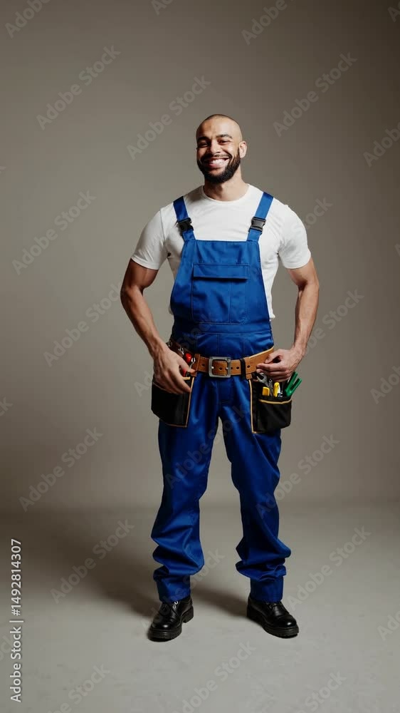 Ouvrier souriant en salopette bleue avec ceinture à outils et pouce levé

