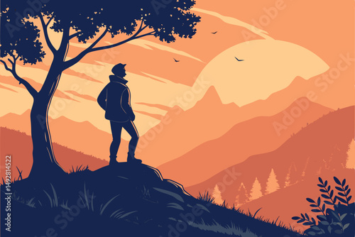 51 A lone figure silhouetted against a vibrant sunset sky, standing atop a hill overlooking a mountainous landscape, cinematic, dramatic lighting, awe-inspiring, breathtaking, mystical, deep orange an