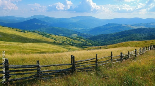 A mountain landscape with rolling hills and rustic wooden fences in the foreground