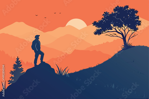 51 A lone figure silhouetted against a vibrant sunset sky, standing atop a hill overlooking a mountainous landscape, cinematic, dramatic lighting, awe-inspiring, breathtaking, mystical, deep orange an