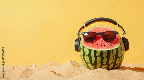 A full watermelon poised erect over dry beach with pale yellow setting rocking a glasses headset summery lovely hue delish food, Generative AI.