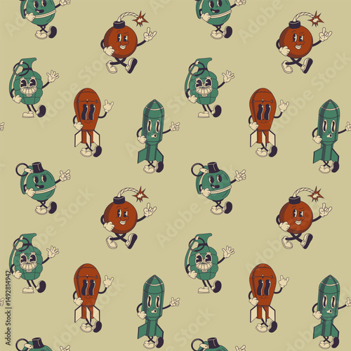Seamless pattern with Groovy Cartoon Rocket Grenade and Bomb Characters