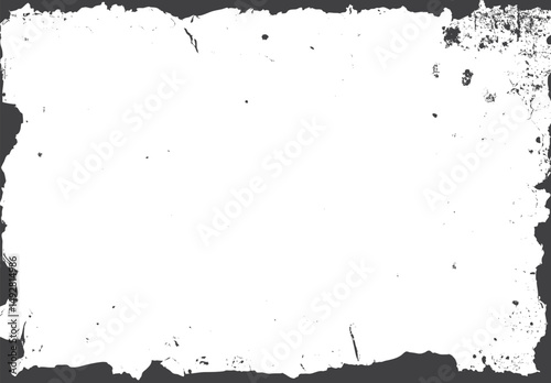 Distressed grunge print border with black texture. Broken dirty rough frame design overlay. Vector white background with textured edge elements.