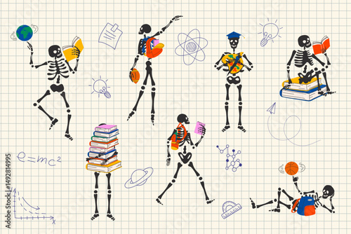 Playful Cartoon Skeletons with School Supplies.  Fun Academic Vibes