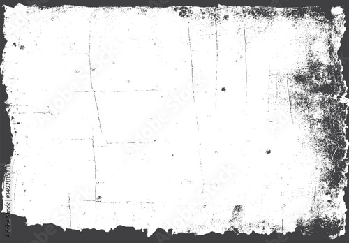 Grunge border frame with black rough texture overlay. Dirty broken edge with distressed print. Vector white background with grunge frame elements.