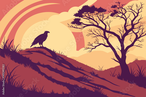 52 detailed silhouette of a bird perched on a hill, dramatic colorful sunset sky, warm vibrant tones, minimal landscape, cinematic lighting, digital painting, highly detailed, 4k resolution