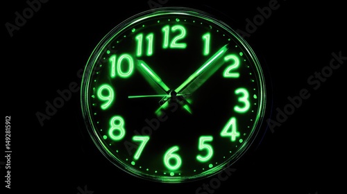 Glowing green clock face on black background