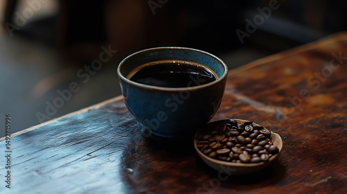 Dark Roasted Coffee in Blue Bowl Beans on Wood up hot cup cafe life food cozy rich blog table drink 