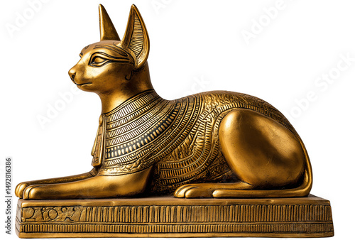 Golden statue of Egyptian cat on transparent background