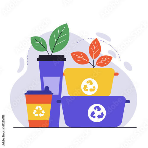 Colorful reusable containers and cups with plants for recycling  