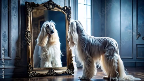 Elegant Afghan Hound posing in front of a mirror in a luxurious room, bathed in soft light. The dog appears curious, graceful, and aristocratic