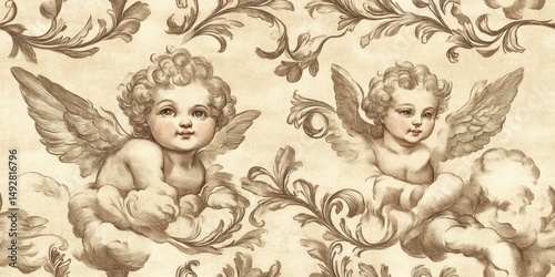 Antique Sepia Angel Illustration with Ornate Floral Motifs