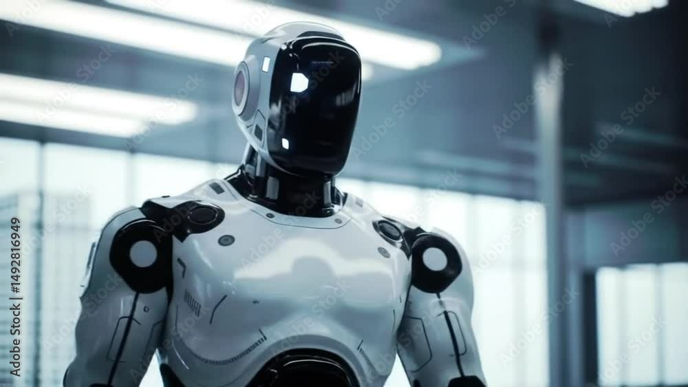 Sleek humanoid robot with futuristic design standing indoors, embodying technology and innovation.