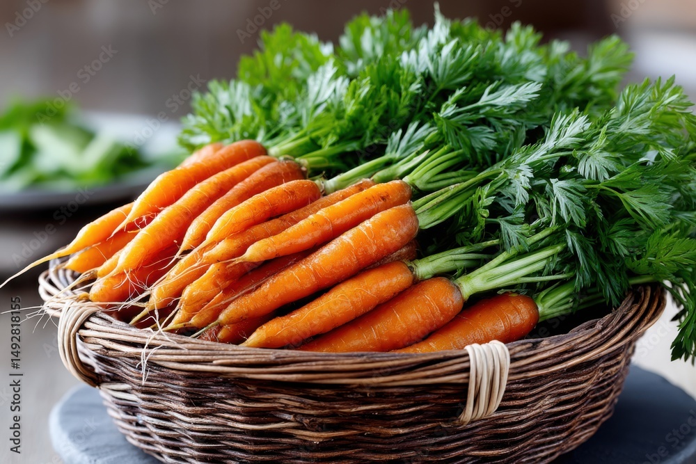Freshly harvested carrots in a woven basket with green tops on a wooden table Freshly harvested carrots in a woven basket with green tops on a wooden table