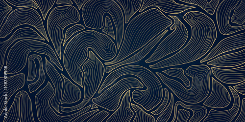 Vector art deco line golden leaves background. Fancy luxury exotic foliage print, nature jungle elegant graphic, nouveau ornate pattern.