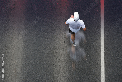Running man in motion against asphalt, top view