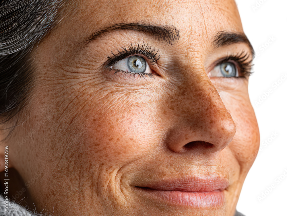 Serene gaze: Close-up portrait of a woman looking upwards, capturing the serenity and strength. Her eyes, a captivating blue, and skin reveal an honest depiction of time's passage. Serene gaze: Close-up portrait of a woman looking upwards, capturing the serenity and strength. Her eyes, a captivating blue, and skin reveal an honest depiction of time's passage.