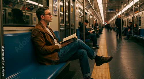 Man reading a book on a subway train with other passengers in the background