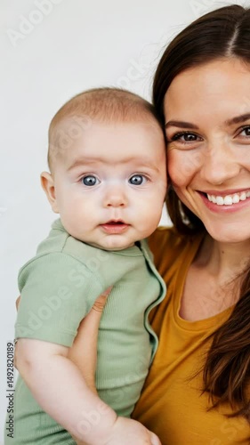 A joyful mother holds her smiling baby against a soft, neutral backdrop