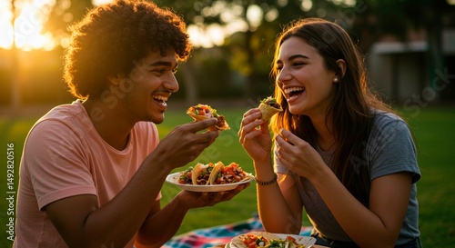 Young couple enjoying tacos together at a picnic with bright sunlight shining