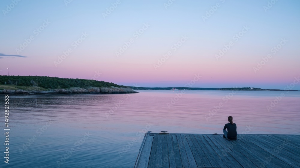 Fototapeta premium A person sitting on a dock, gazing at the calm sea under pastel skies