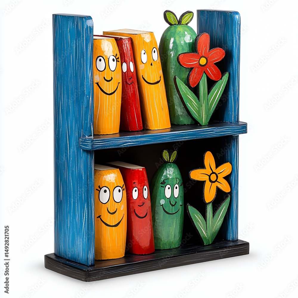 Obraz premium Whimsical Colorful Vegetable and Flower Bookshelf Sculpture