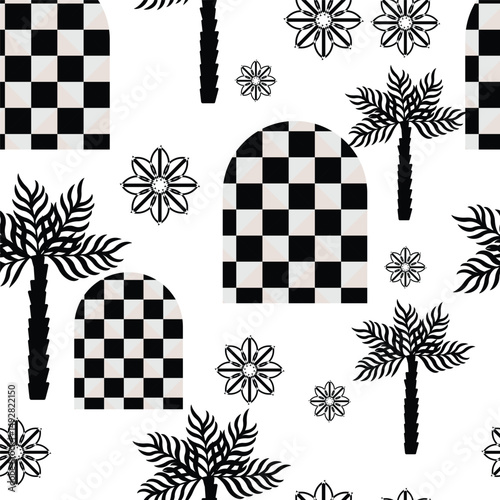 Summer  seamless pattern tropical checkered palm tree modern vector summer  geometric print for wallpaper, textile design , repeat background .