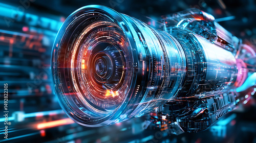 Futuristic Digital Camera Lens Technology Abstract Design red data blue dark cyber light style photo