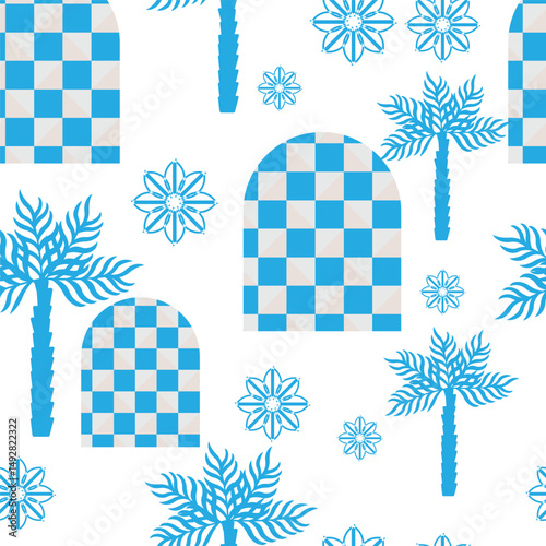 Summer  seamless pattern tropical checkered leaves modern vector summer  geometric print for wallpaper, textile design , repeat background .