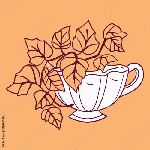Line art illustration: White vintage bowl with plant