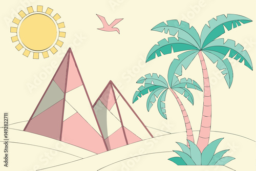54 3d render, minimalist, geometric shapes, sun, mountain, palm tree, paper craft, pastel colors, bright vibrant, digital illustration