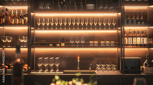 Wallpaper Mural A well stocked bar with bottles glasses and a tap under warm lighting in a modern setting indoors Torontodigital.ca