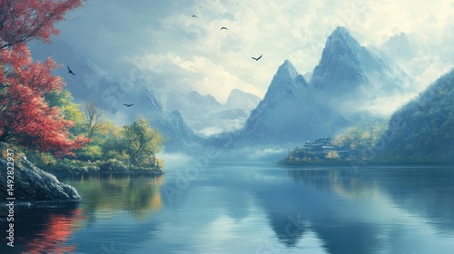 Serene Autumnal Lake Enveloped by Majestic Mountains