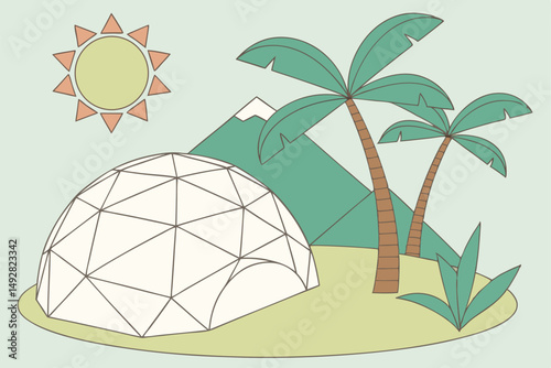 54 3d render, minimalist, geometric shapes, sun, mountain, palm tree, paper craft, pastel colors, bright vibrant, digital illustration