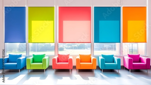 Vibrant rainbow roller blinds and matching armchairs line a large window, casting colorful shadows on the floor