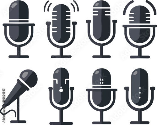 Create a kinds of Microphone Icons set. variant microphone icon. Karaoke mic. Podcast microphone. web and mobile icons vector art silhouette with white background.