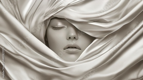 Woman's face draped in flowing white silk fabric with a smooth and elegant texture