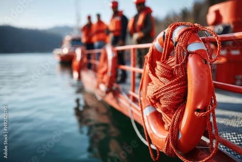 Lifesavers prepare for safety drills on a rescue boat at a lakeside location in the afternoon sun