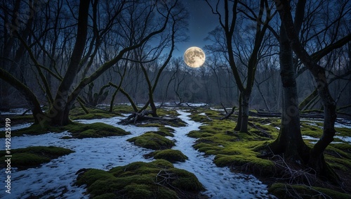 Branches creak gently in moonlit forest with patches of snow on mossy ground
